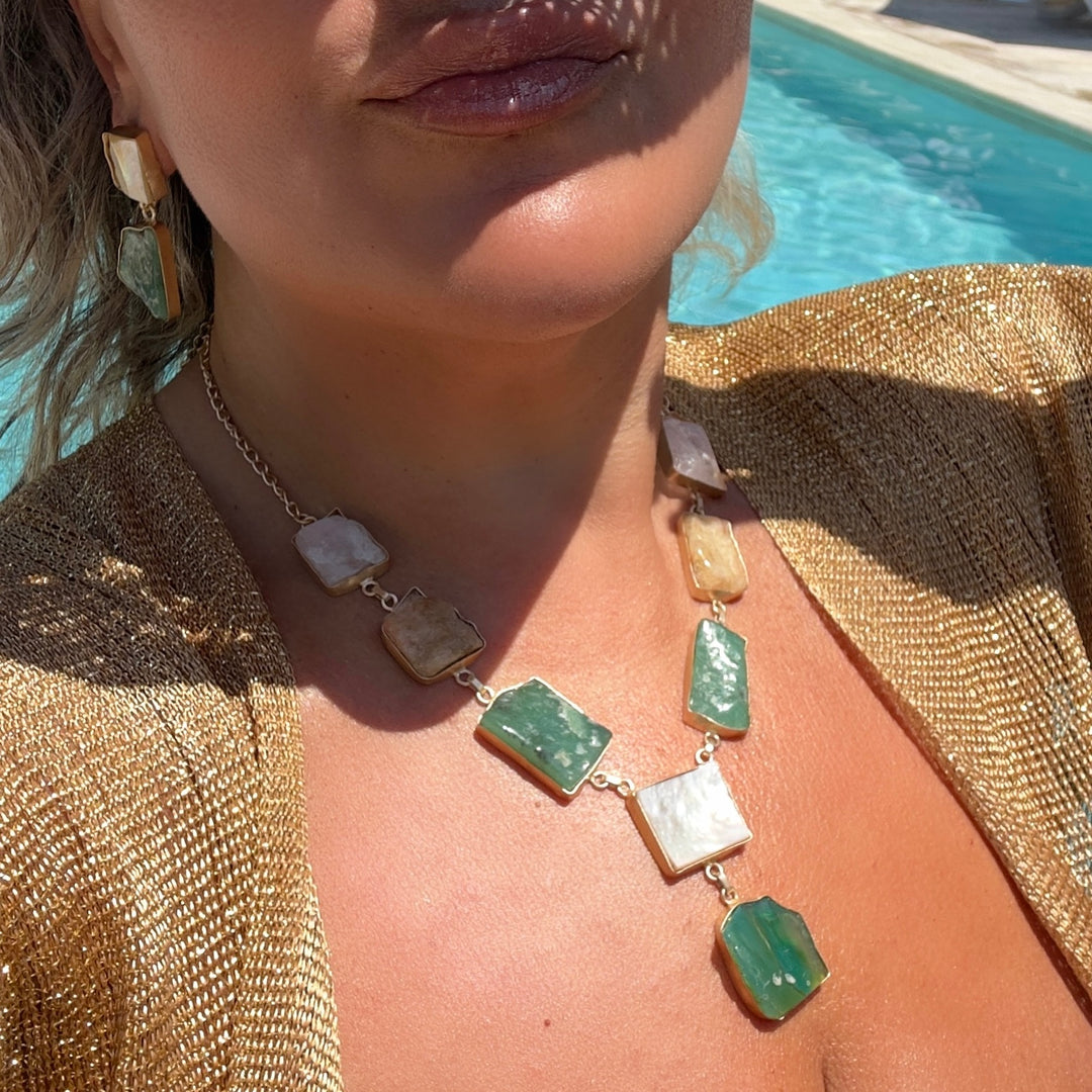 Ethnic Allure pink Opal, Rose Qaurtz, Pearl and Green Qaurtz Necklace