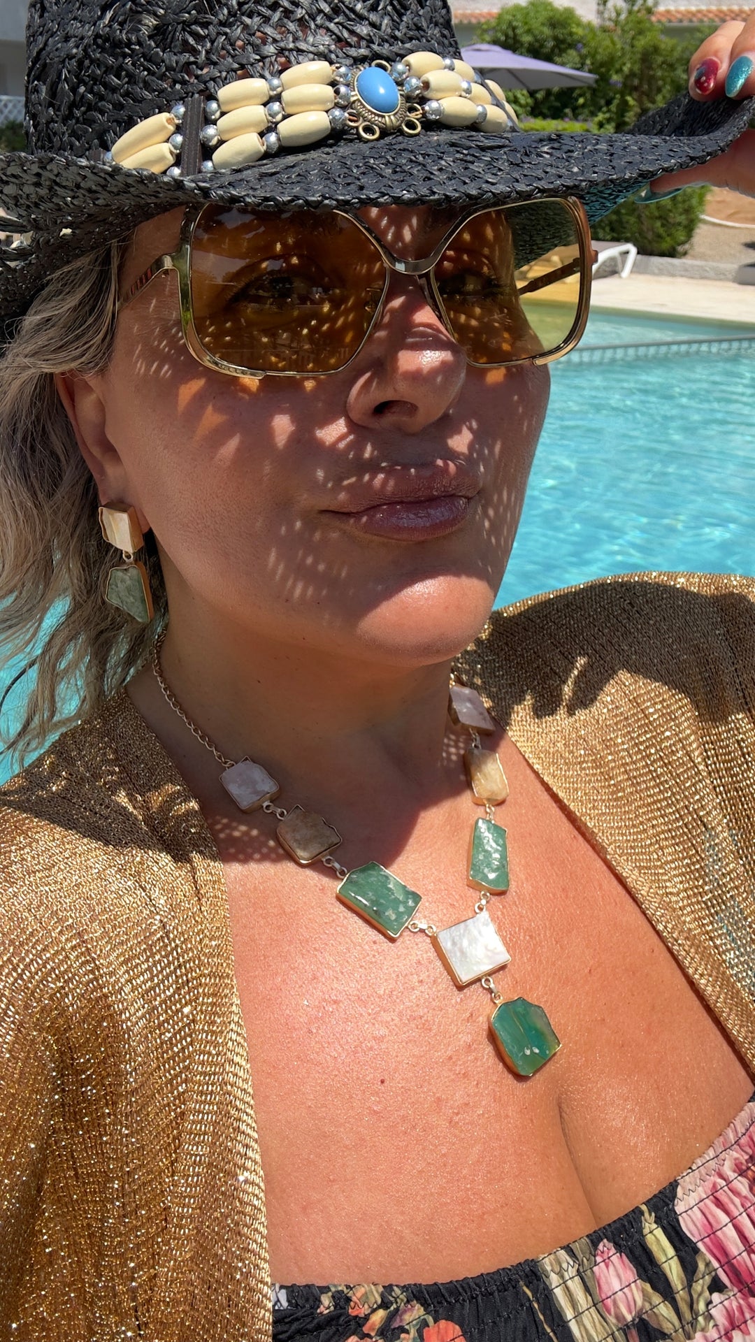 Ethnic Allure pink Opal, Rose Qaurtz, Pearl and Green Qaurtz Necklace