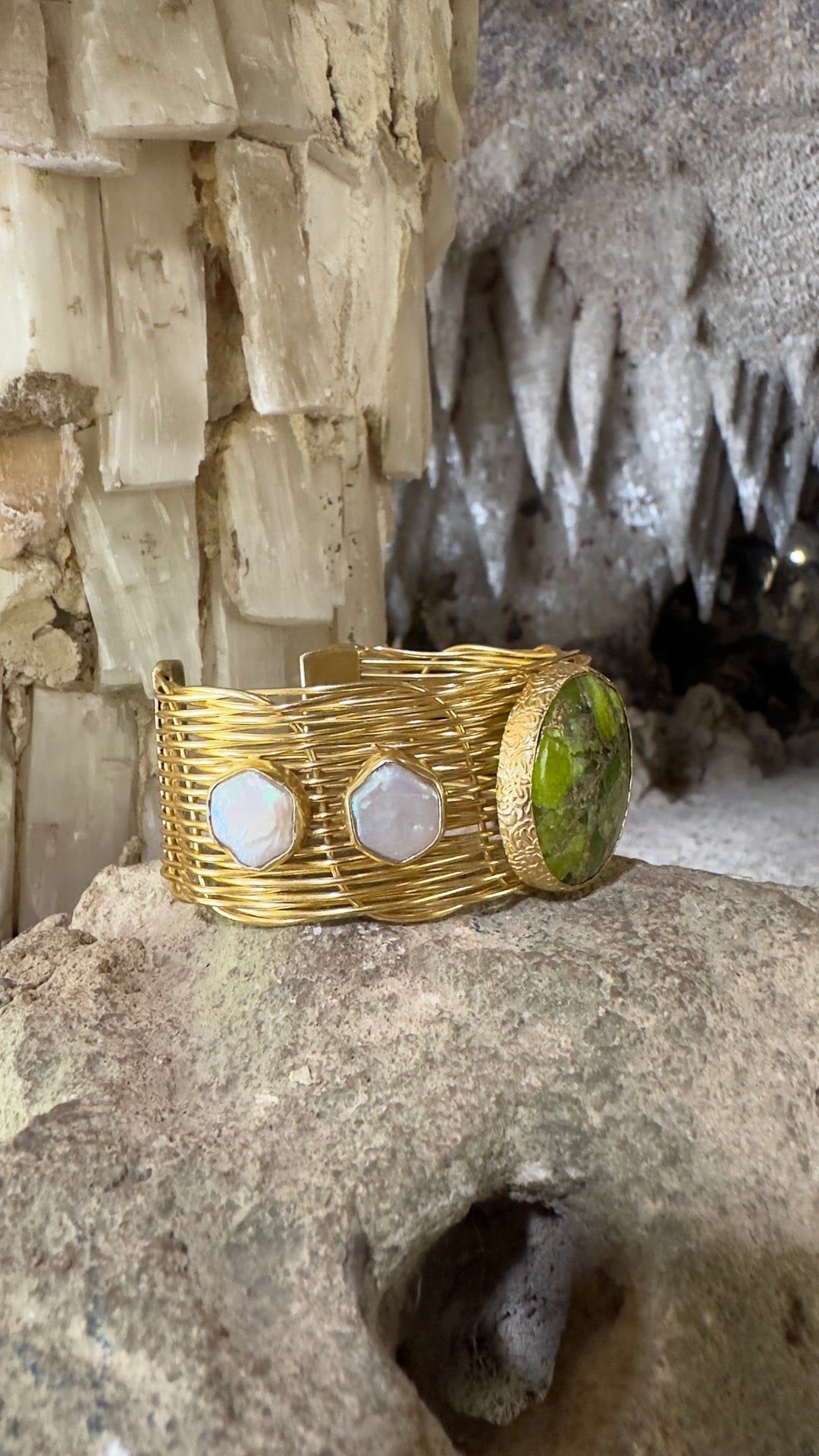 Gaia’s Embrace Peridot Mojave And Pearl Gold Bangle