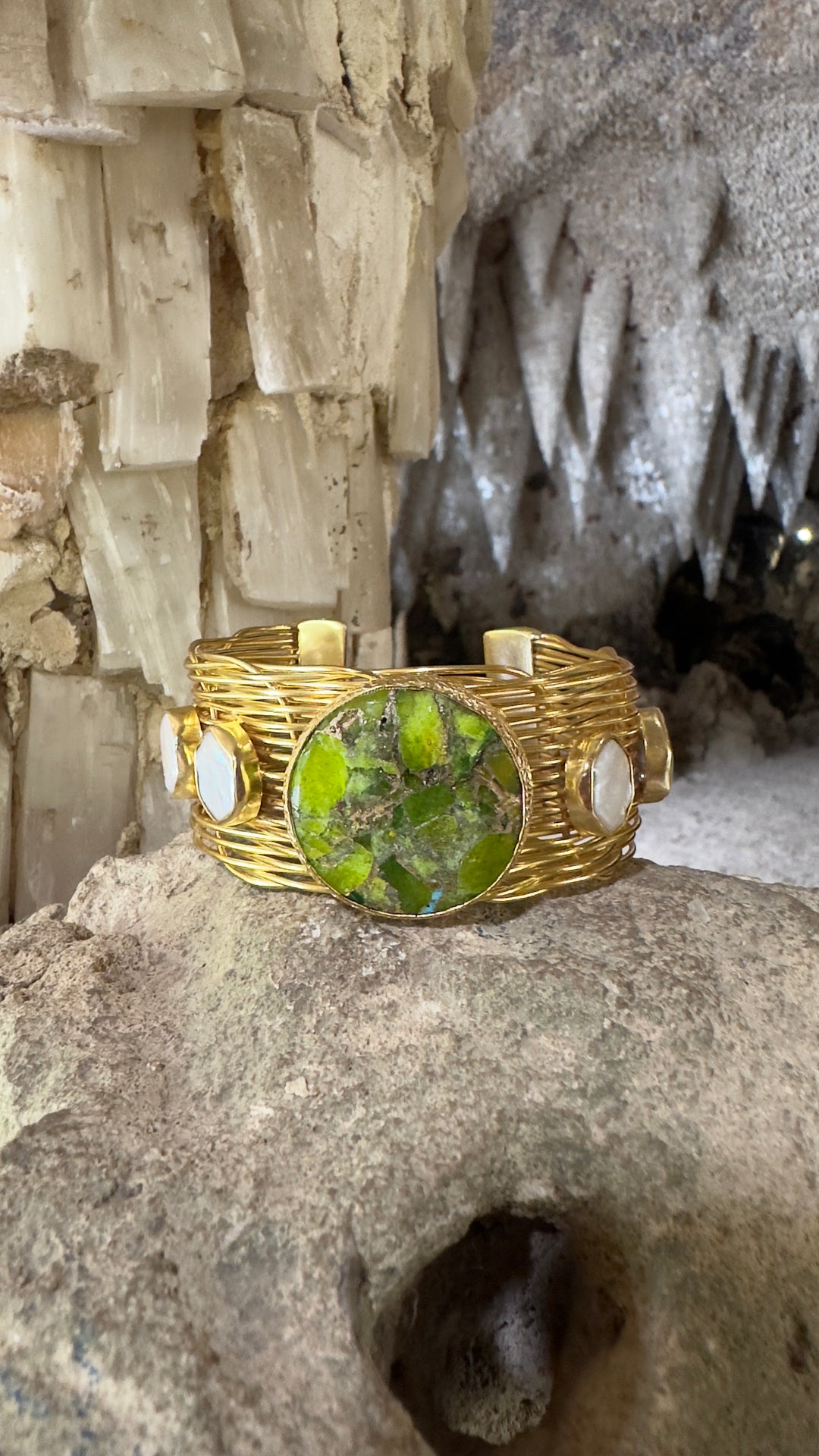 Gaia’s Embrace Peridot Mojave And Pearl Gold Bangle
