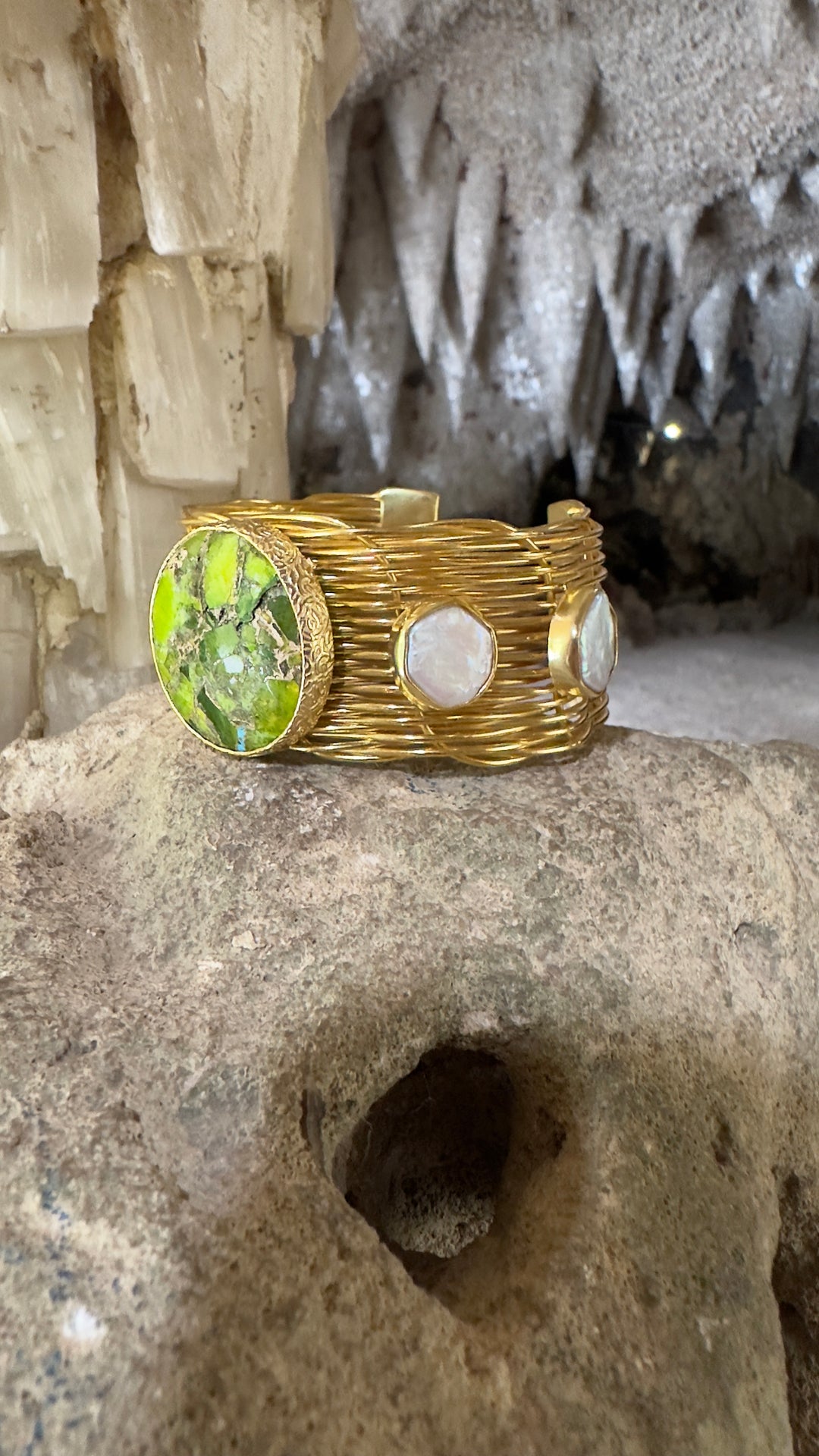 Gaia’s Embrace Peridot Mojave And Pearl Gold Bangle