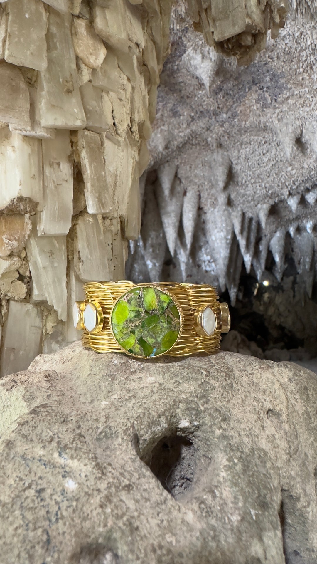 Gaia’s Embrace Peridot Mojave And Pearl Gold Bangle