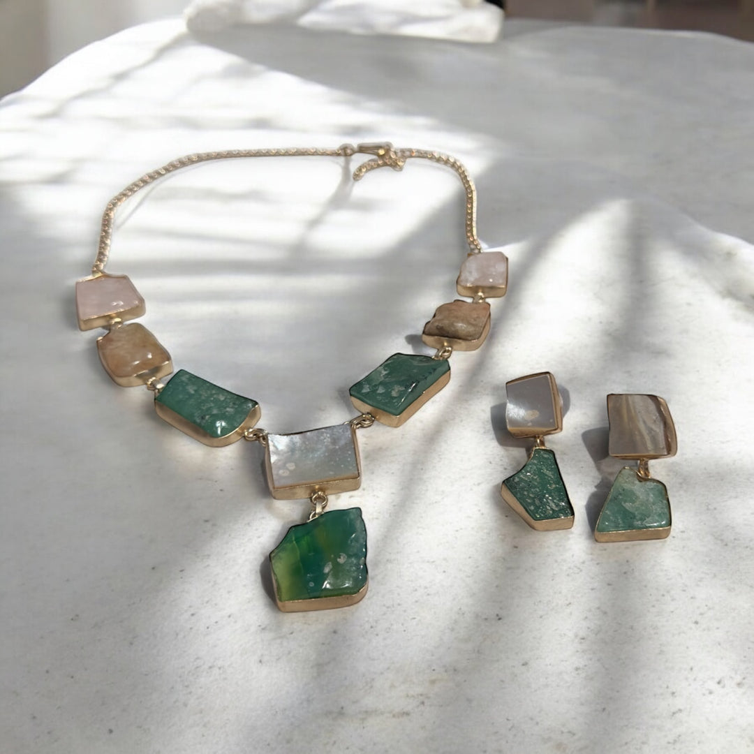 Ethnic Allure pink Opal, Rose Qaurtz, Pearl and Green Qaurtz Necklace
