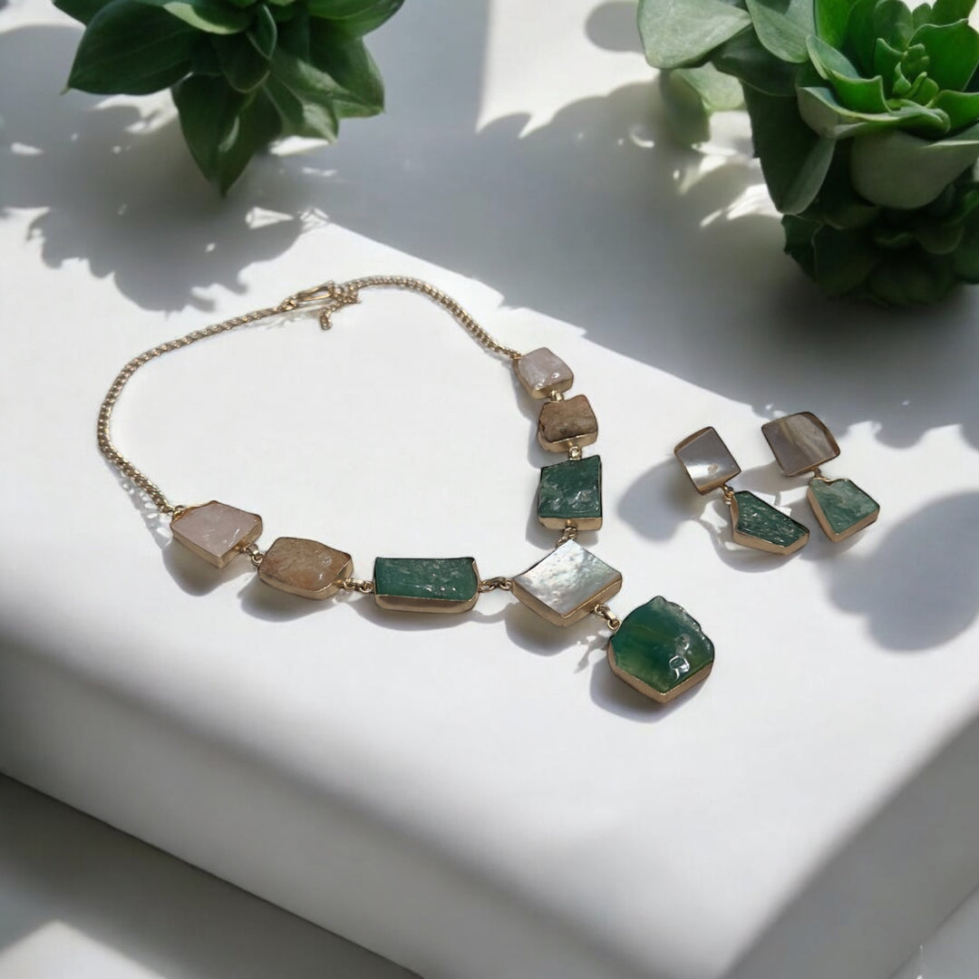 Ethnic Allure pink Opal, Rose Qaurtz, Pearl and Green Qaurtz Necklace