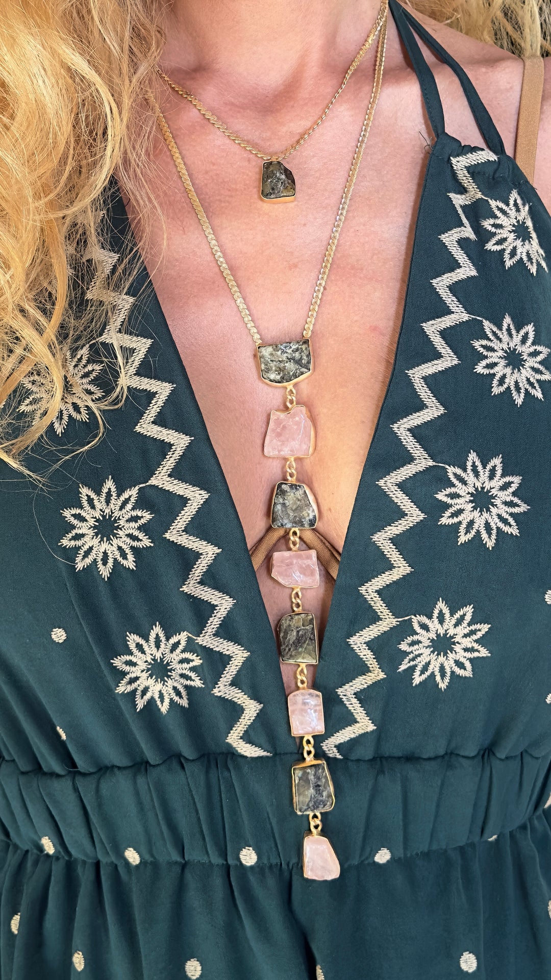 Athena’s light Rose Quartz And Green Quartz Necklace