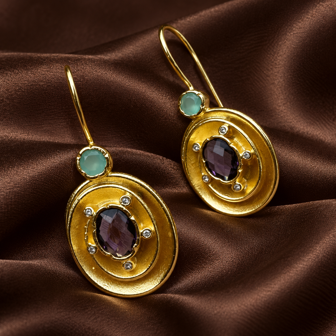 Celestial Siren Earrings – Amethyst & Aquamarine Gold-Plated Statement Earrings