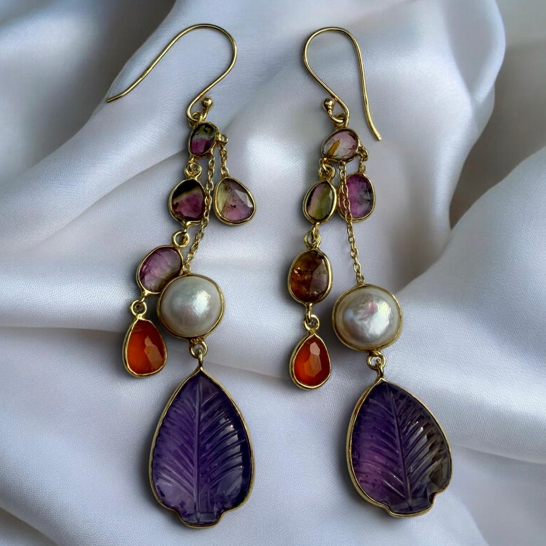 Colorful Natural Gemstone Earrings – Golden Cascade Tourmaline, Amethyst & Pearl