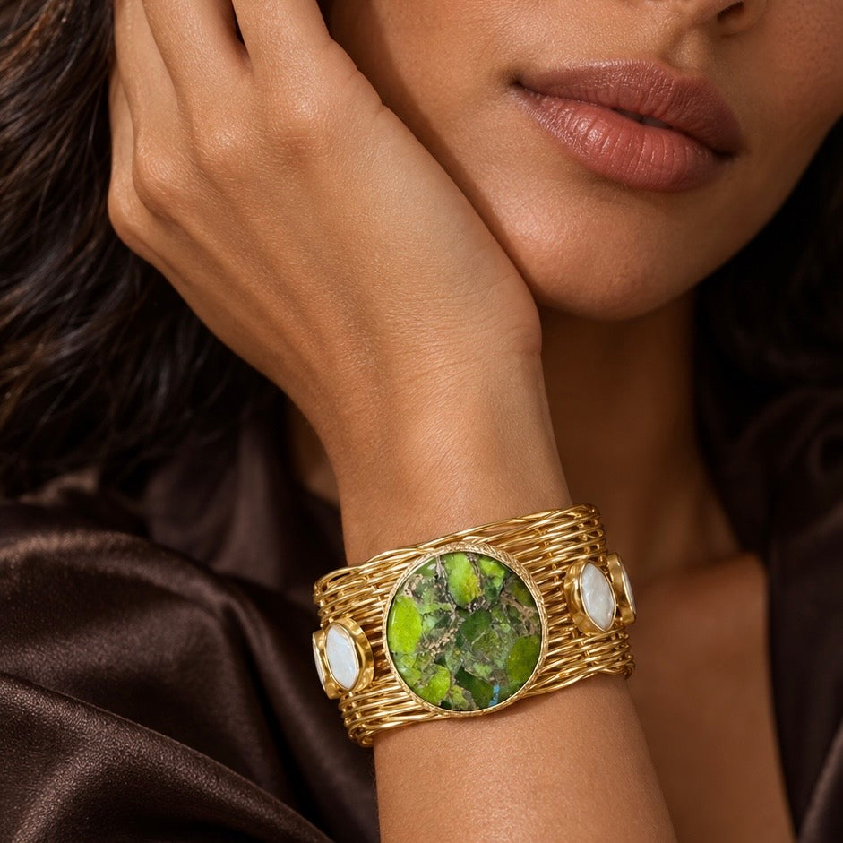 Gaia’s Embrace Peridot Mojave And Pearl Gold Bangle