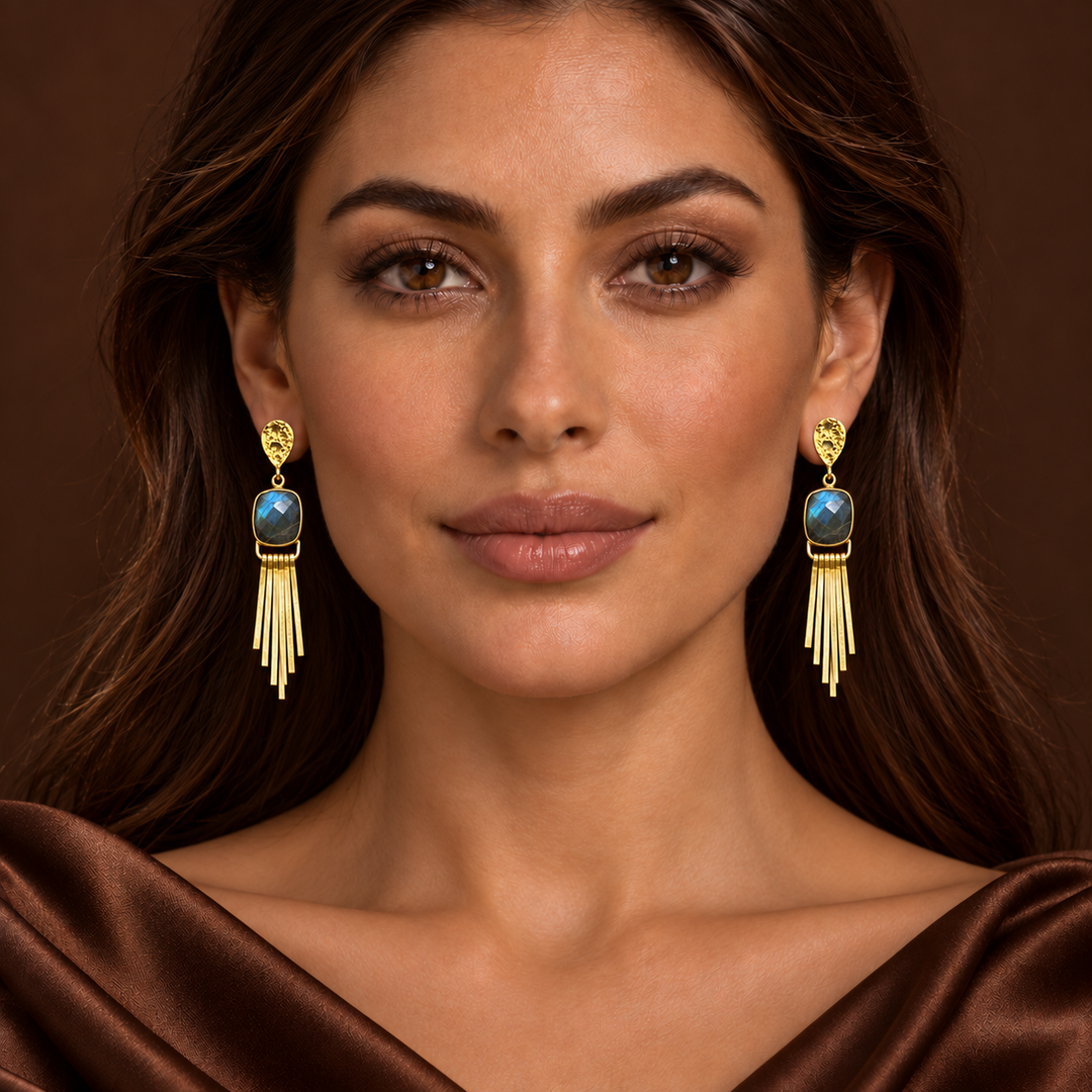 Cosmic Flame Earrings – Gold Statement with Labradorite