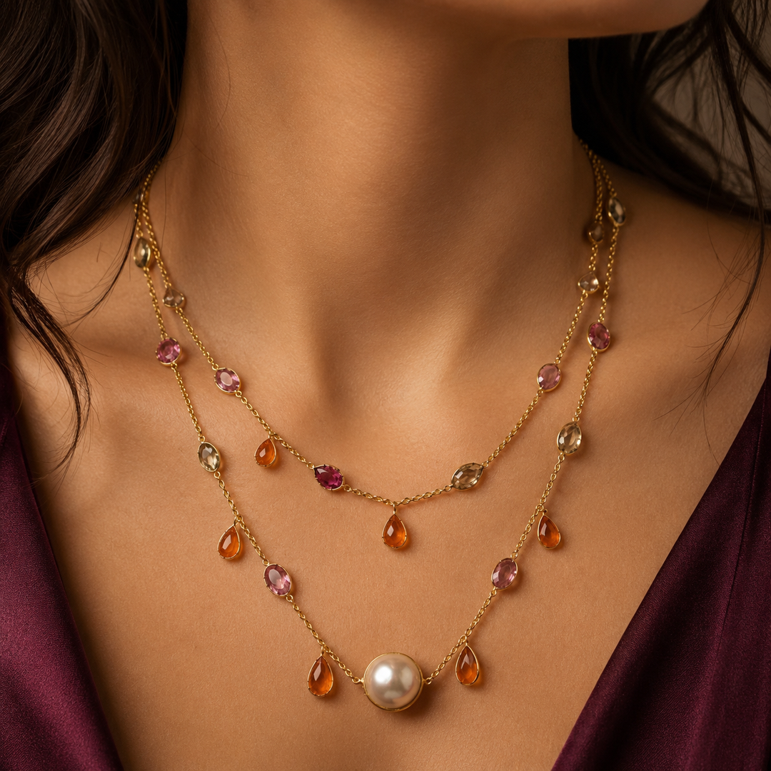 Natural mixed Tourmaline gemstone necklace with delicate drops and an iridescent Pearl