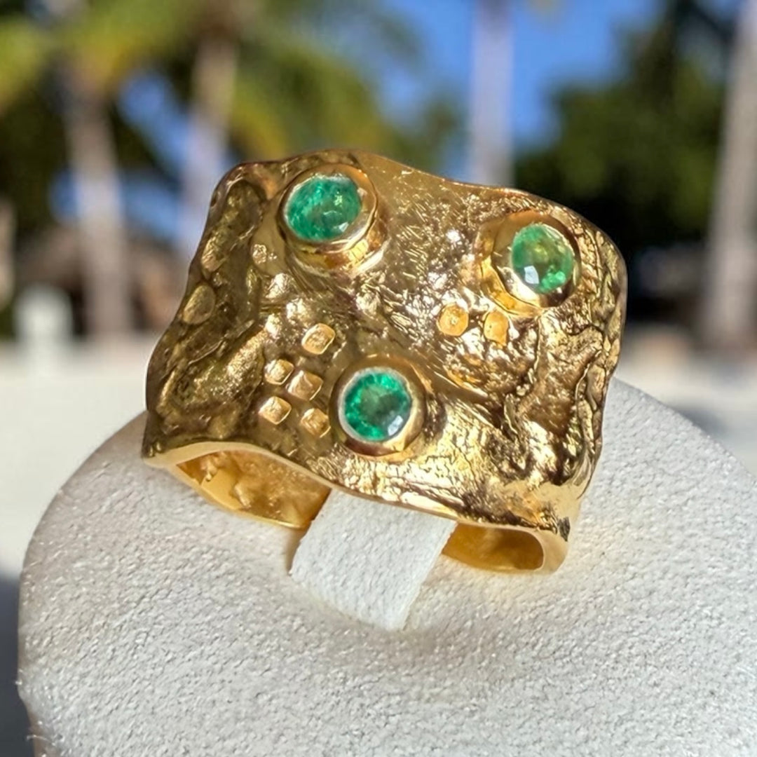 One-of-a-Kind Emerald Statement Ring Triple Gold Plated Sterling Silver Wide Band