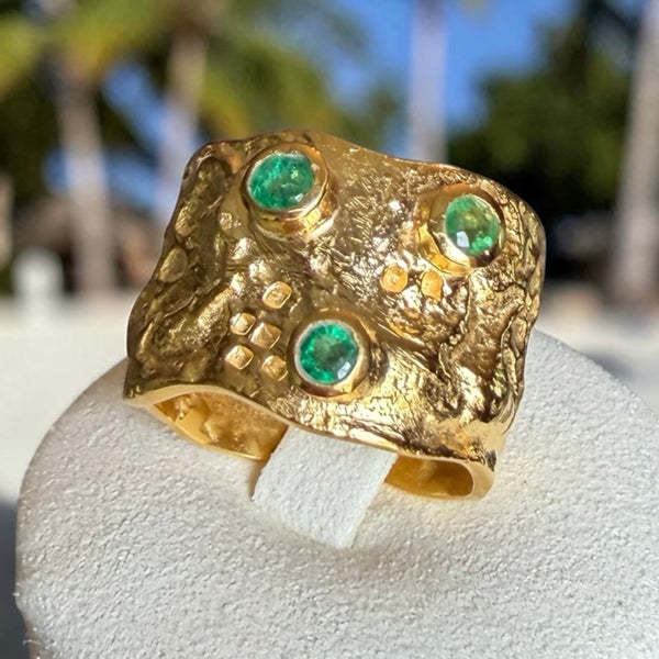 Emerald Gold Statement Ring 925 Sterling Silver, 18k Gold Wide Band Ring