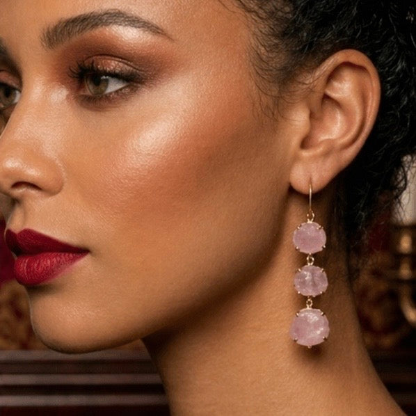Three Tier Raw Crystal Drop Earrings
Moonstone Rose Quartz and
Aquamarine