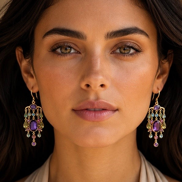 Zarif Amethyst & Mixed Gemstone Chandelier Earrings