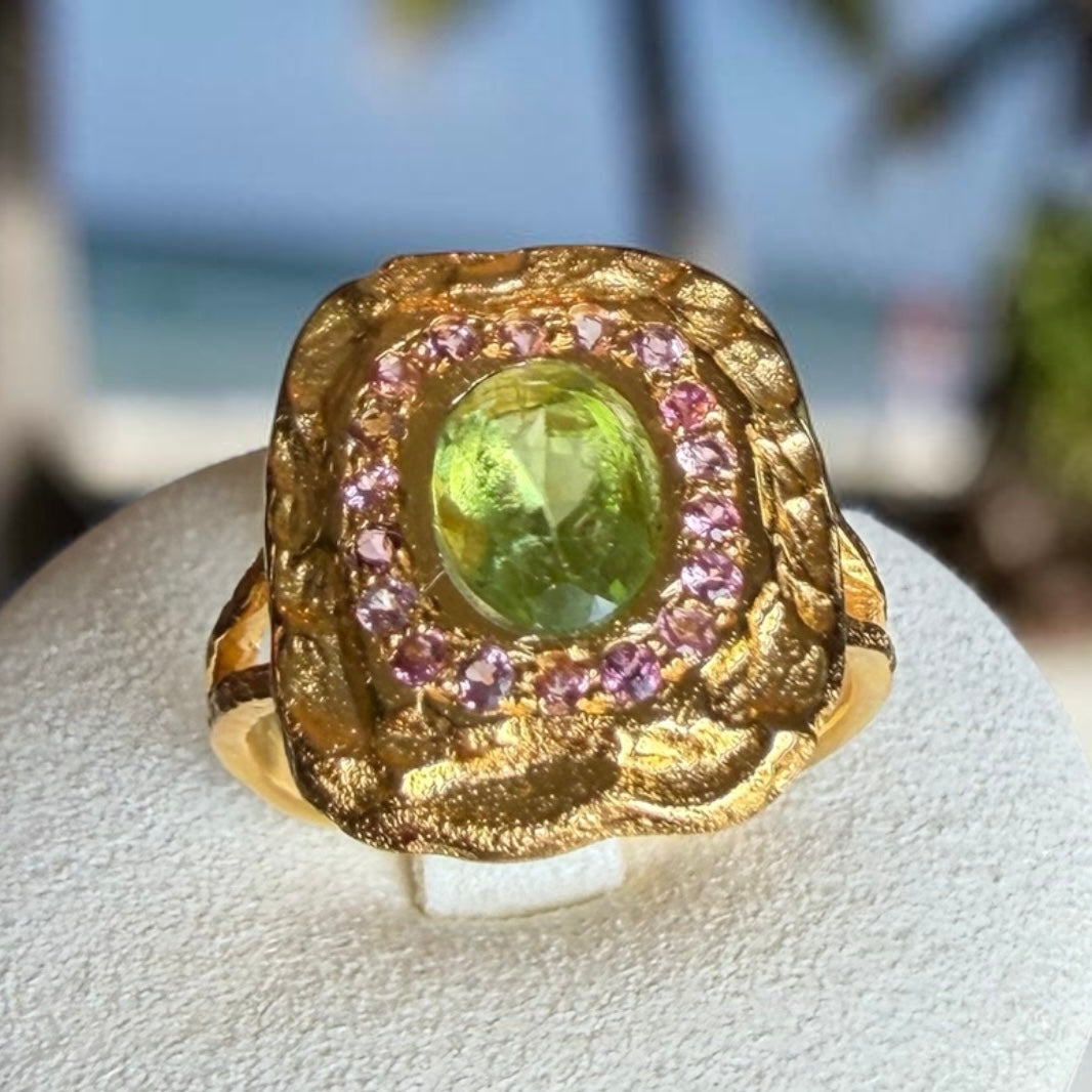 One-of-a-Kind Peridot & Ruby Halo Statement Ring – 18K Gold Plated Sterling Silver