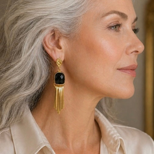 Cosmic Flame Earrings – Gold Statement with Natural Gemstones | Labradorite, Moonstone, Obsidian, Garnet