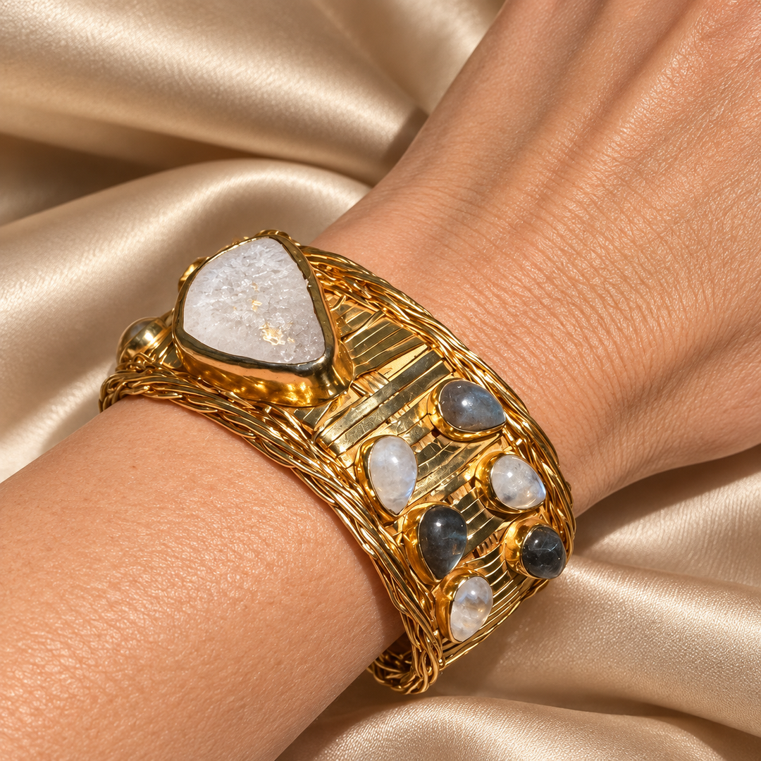Oracle of the Sun | White Agate, Moonstone & Labradorite Cuff