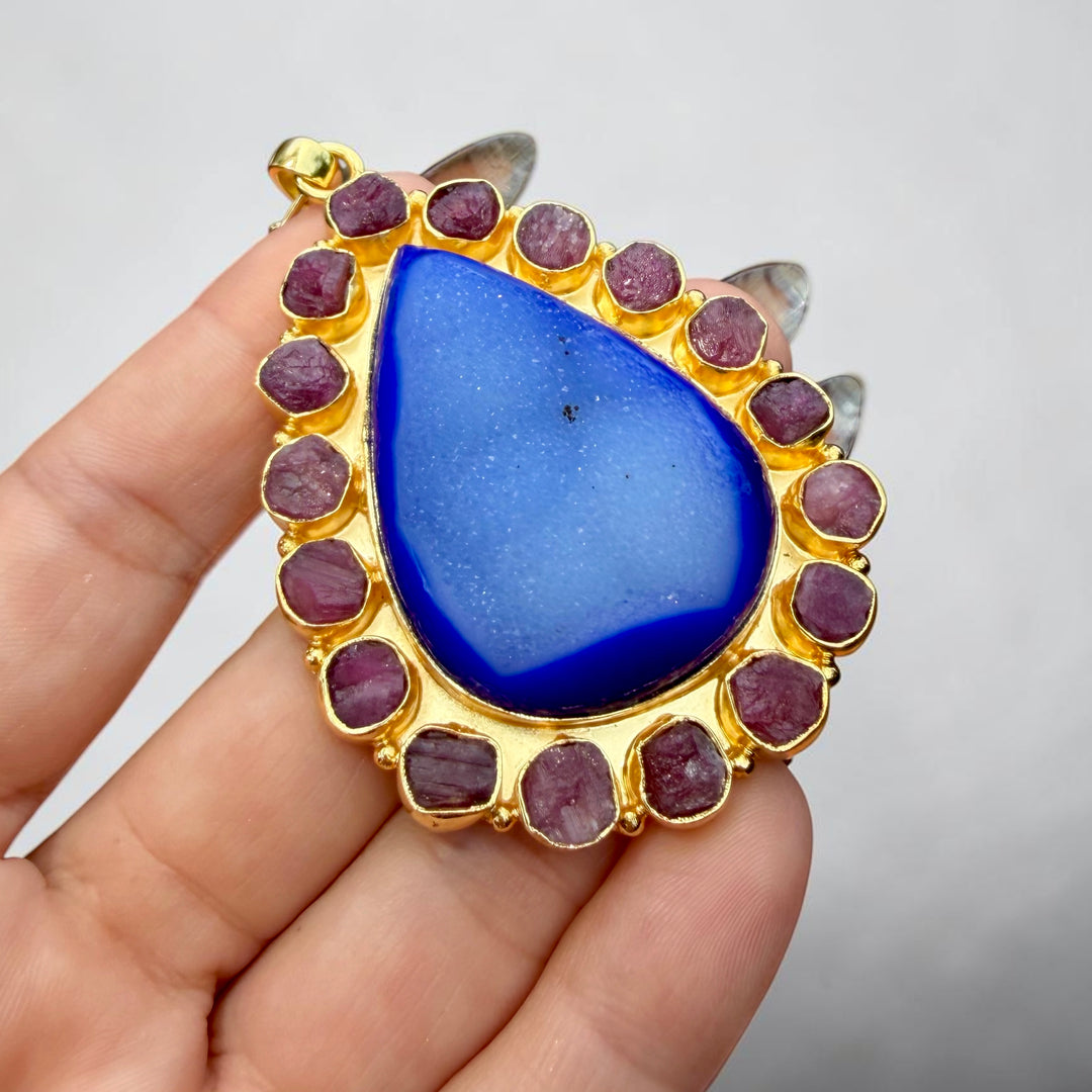 Solar Bloom Ocean Blue Agate Druzy & Amethyst Pendant Necklace