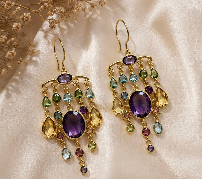 Zarif Amethyst & Mixed Gemstone Chandelier Earrings
