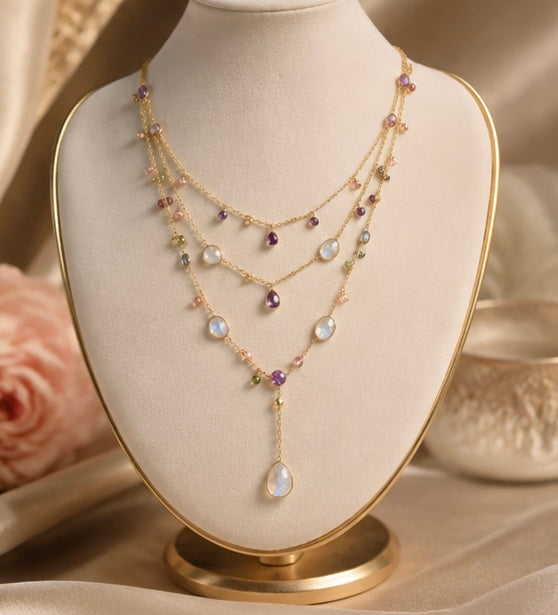 Zarif Three-Layer Amethyst, Rainbow Moonstone & Tourmaline Necklace
