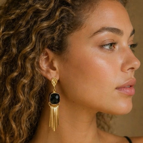 Cosmic Flame Earrings – Gold Statement with Natural Gemstones | Labradorite, Moonstone, Obsidian, Garnet
