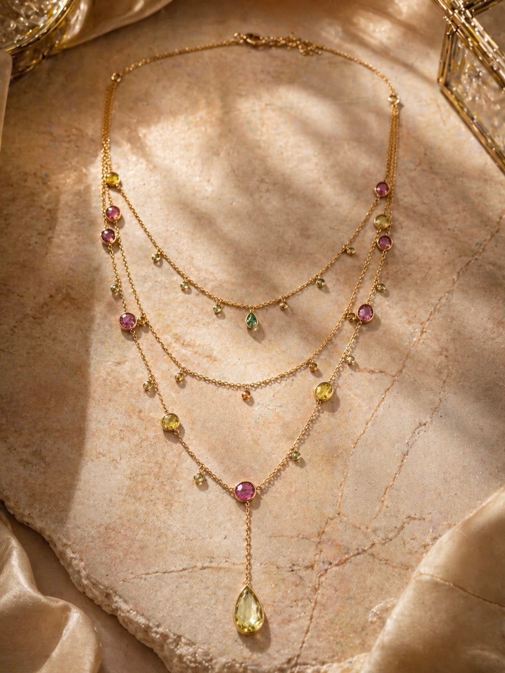 Luxury Multi-Layer Tourmaline Necklace – 18ct Gold Plated Sterling Silver | Pink, Green & Yellow Gemstone Necklace