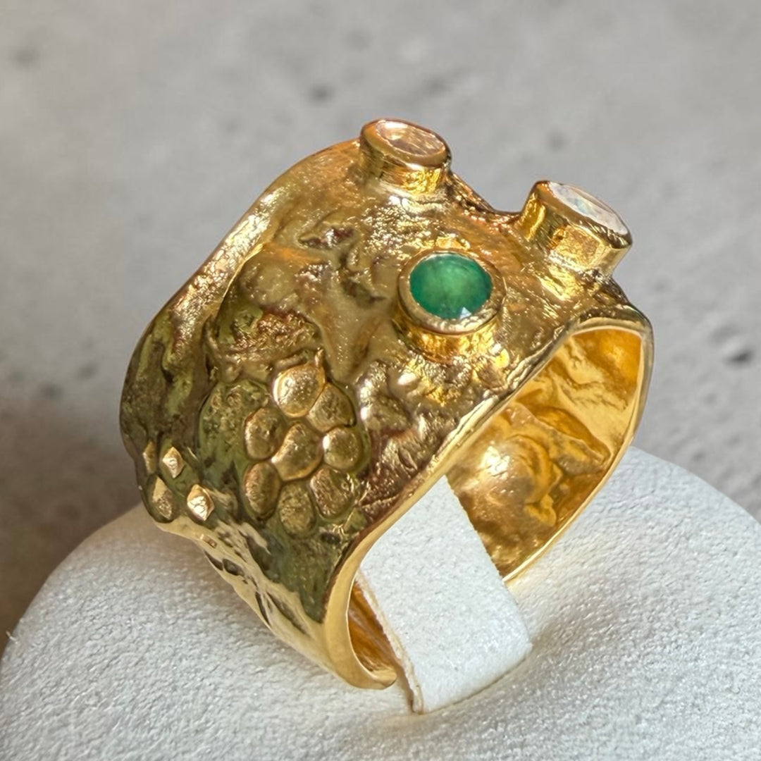 One-of-a-Kind Emerald, Moonstone & Diamond Statement Ring in Gold-Plated Sterling Silver
