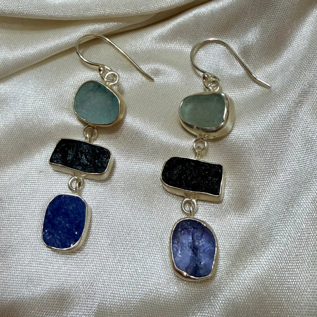 Three-Tier Crystal Earrings | Aquamarine, Tourmaline & Amethyst | Sterling Silver