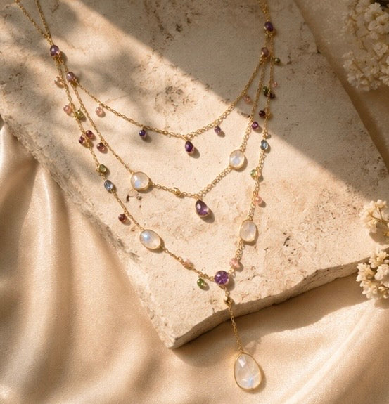 Zarif Three-Layer Amethyst, Rainbow Moonstone & Tourmaline Necklace