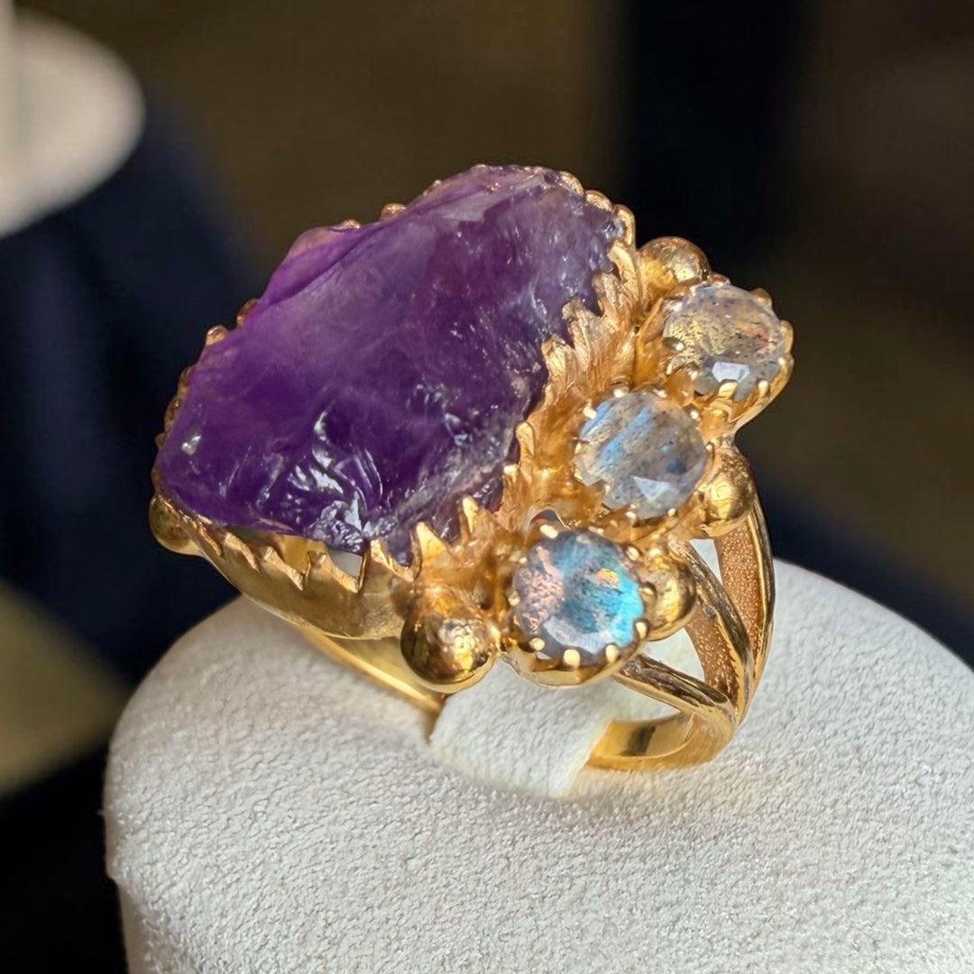One-of-a-Kind Amethyst & Labradorite Statement Ring – Handmade 18K Gold Plated Sterling Silver