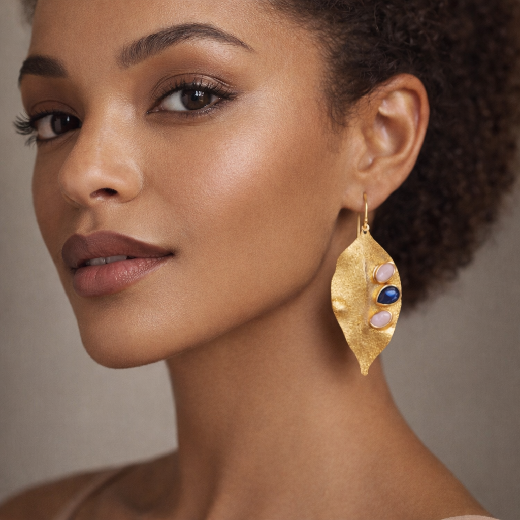 Moonstone & Sapphire Gold Leaf Drop Earrings