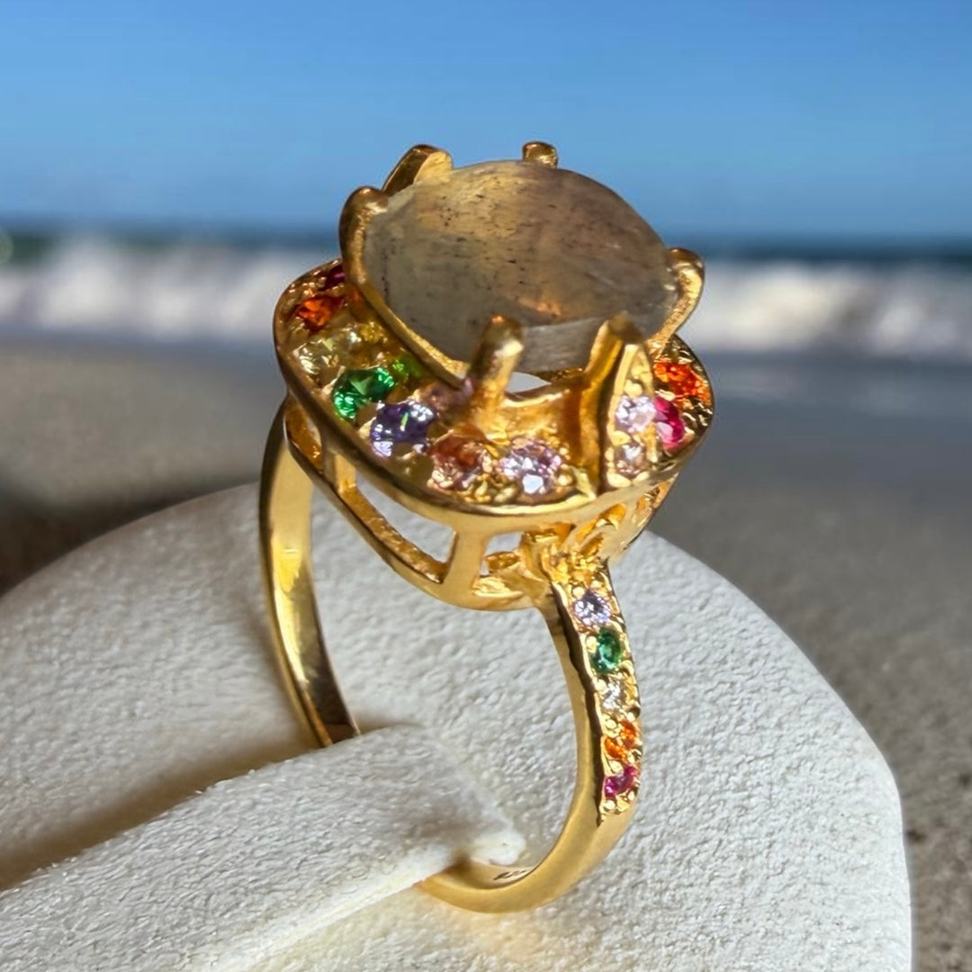 One-of-a-Kind Labradorite Treasure Box Ring – Gold Multicolour Gemstone Statement Ring
