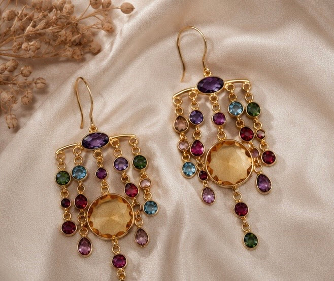 Zarif Natural Gemstone Chandelier Earrings