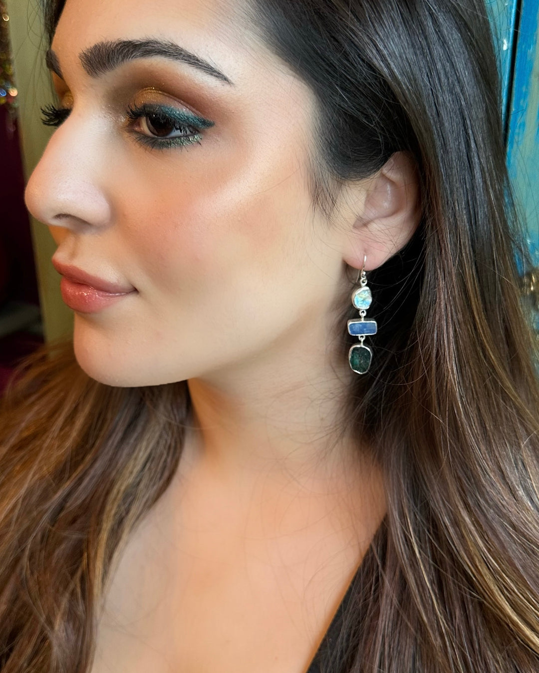 Ethnic Allure Three Stone Gold and Silver Earrings