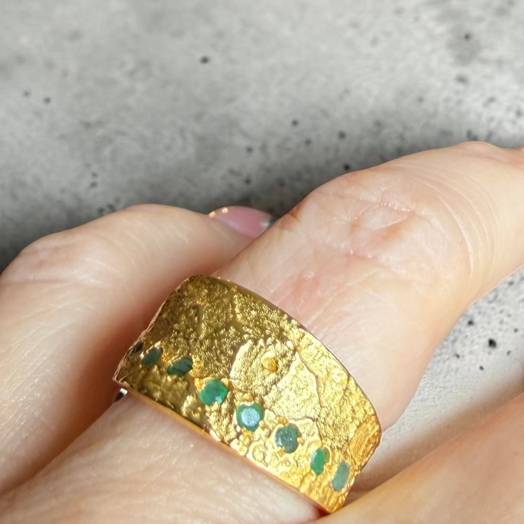 One of a Kind Emerald Gold Ring – Handmade Textured 18k Gold Plated Sterling Silver Statement Ring