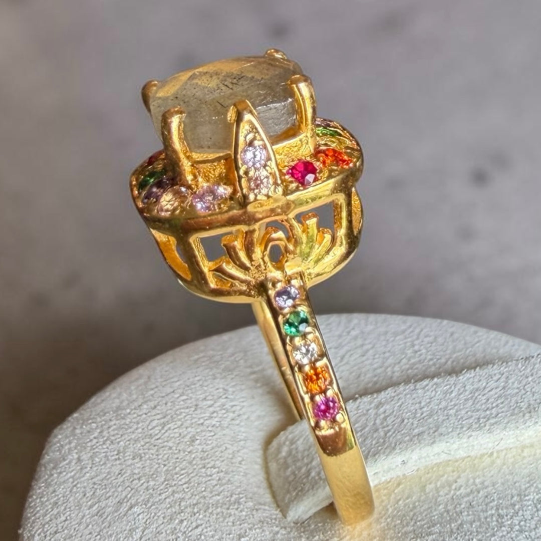 One-of-a-Kind Labradorite Treasure Box Ring – Gold Multicolour Gemstone Statement Ring