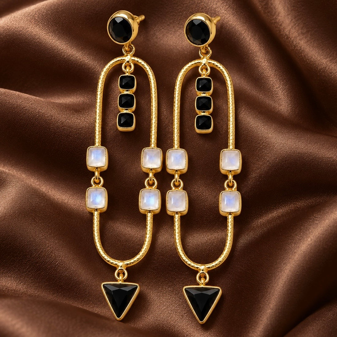 Aurelia Arch Earrings | Rainbow Moonstone & Black Obsidian | 18K Gold Plated Statement Earrings