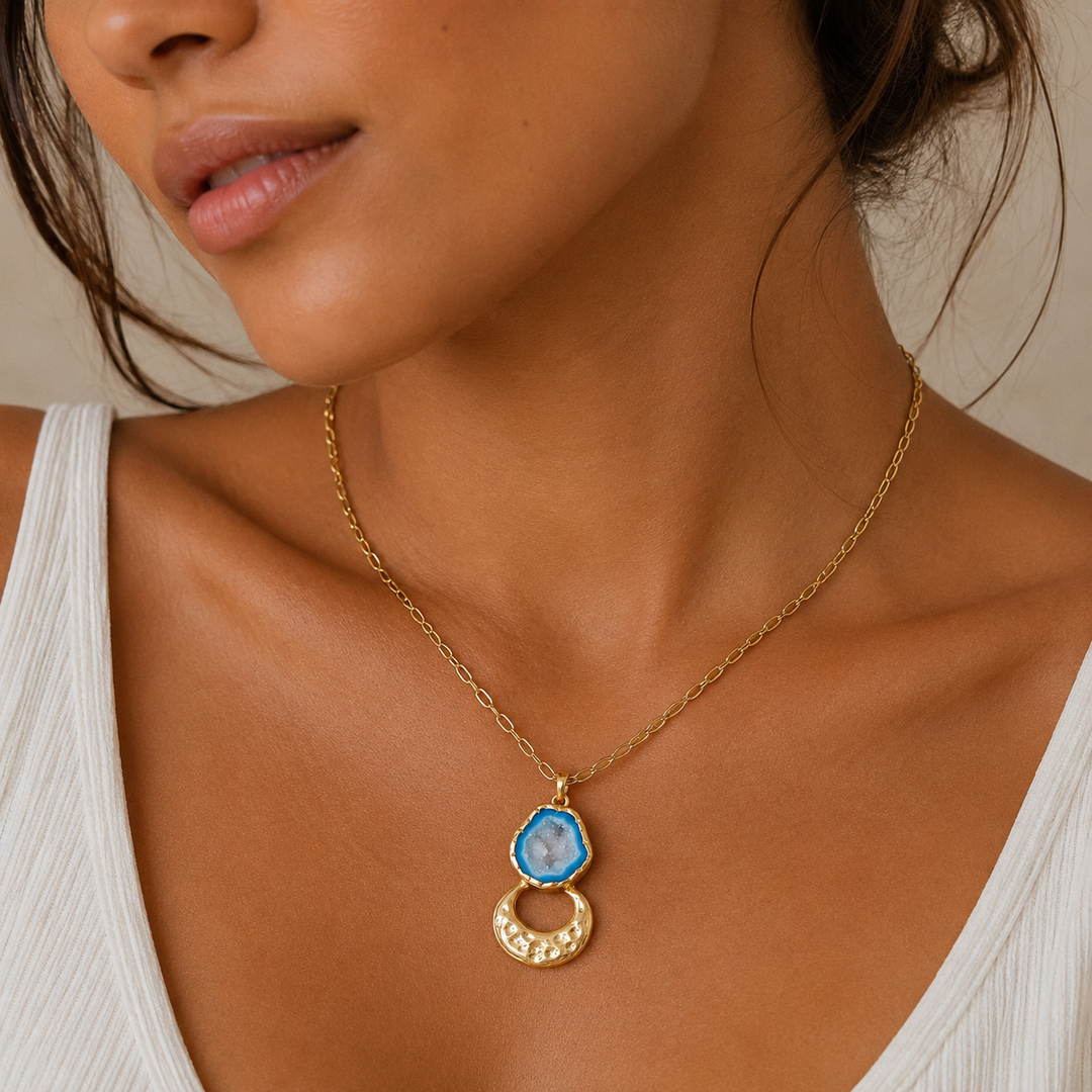 Moon Keeper Druzy Pendant Necklace  Blue Agate Druzy  18k Gold Plated