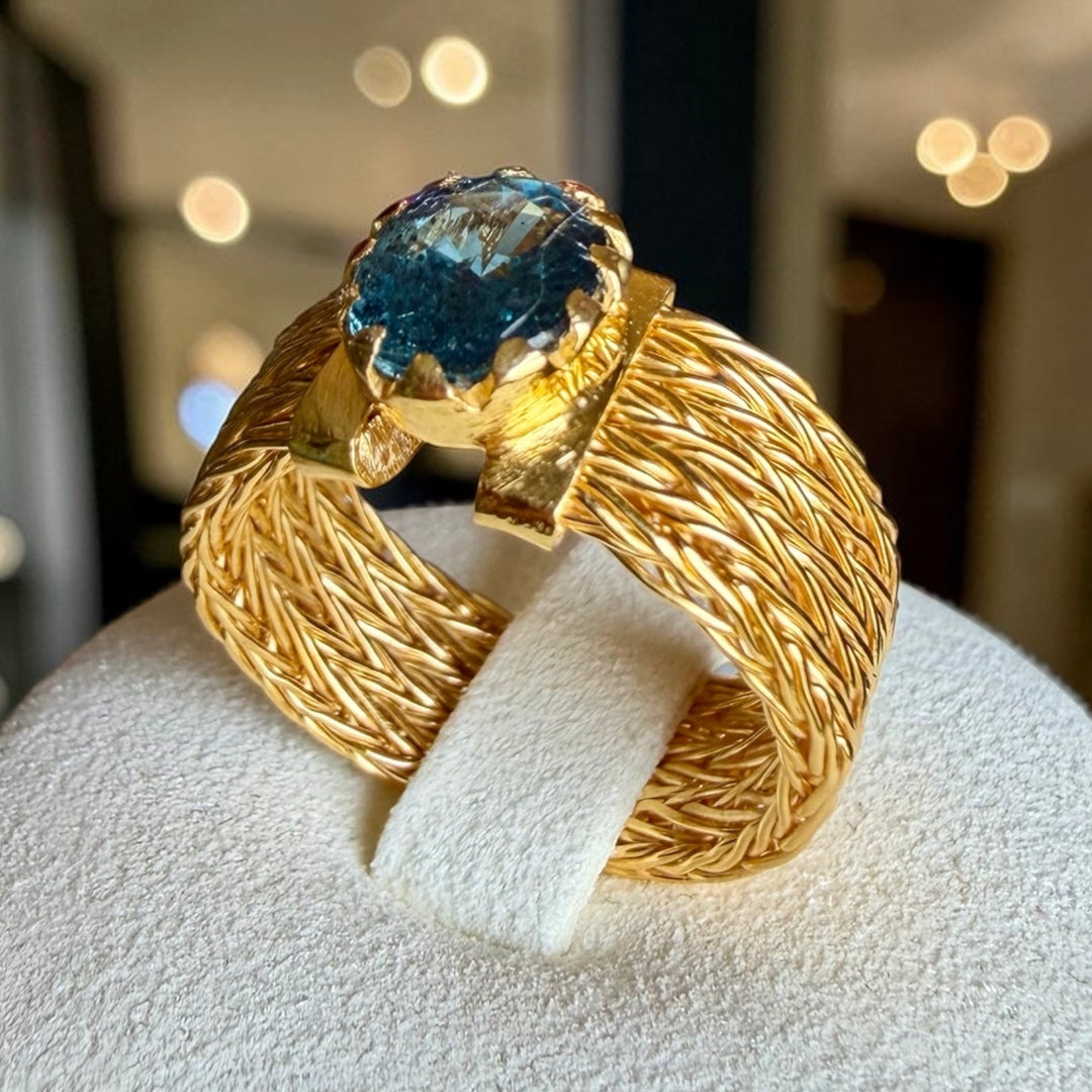 One-of-a-Kind Sapphire Statement Ring – Handmade 18K Gold Plated Sterling Silver Woven Band