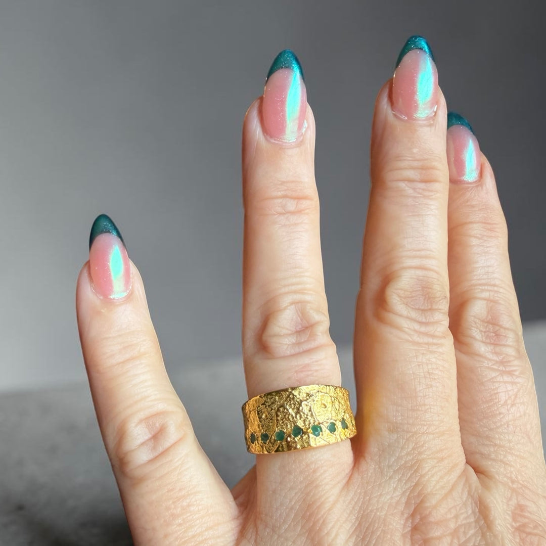 One of a Kind Emerald Gold Ring – Handmade Textured 18k Gold Plated Sterling Silver Statement Ring