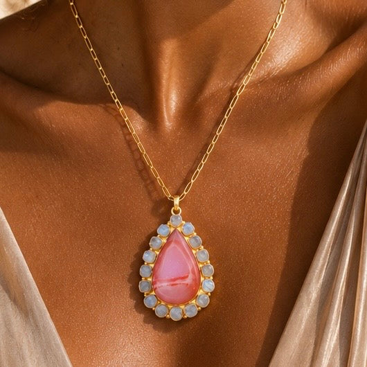 Solar Bloom Pendant – Peach Agate Druzy & Rainbow Moonstone