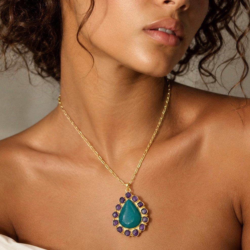 Solar Bloom Teal Agate Druzy & Amethyst Pendant Necklace