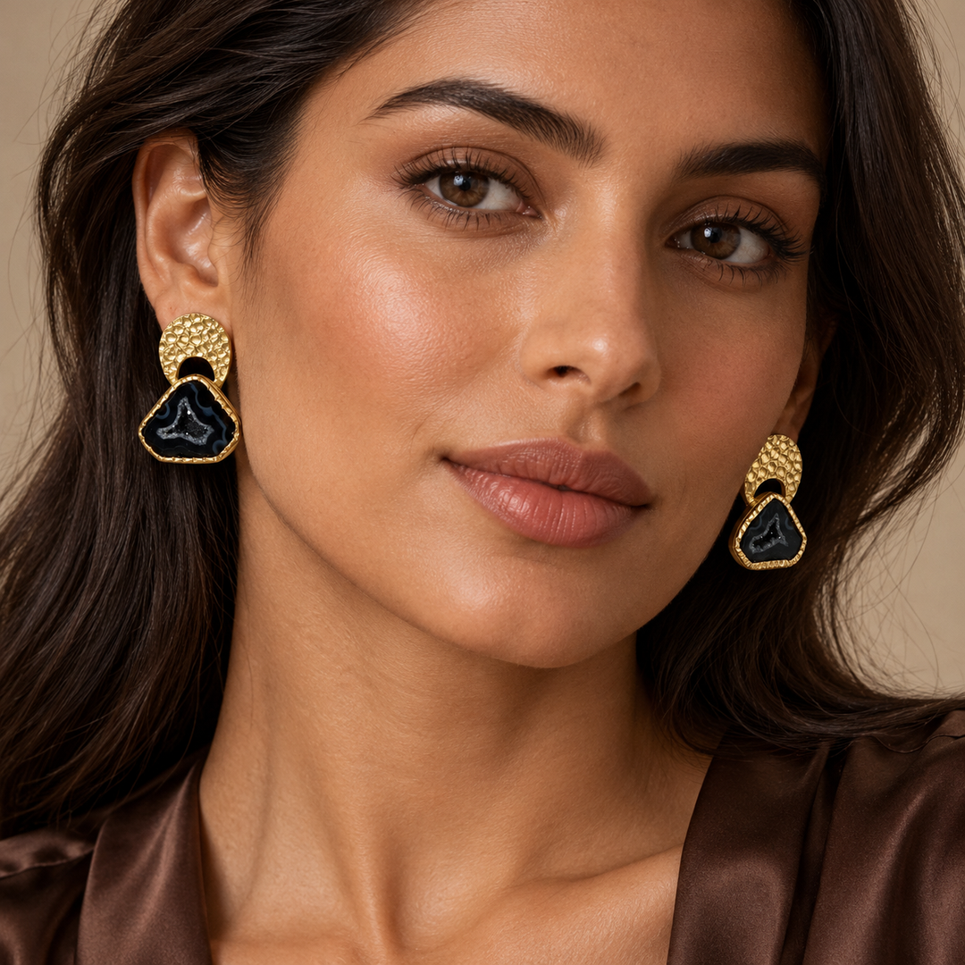 Byzantine Gold Hammered Black Agate Druzy Earrings