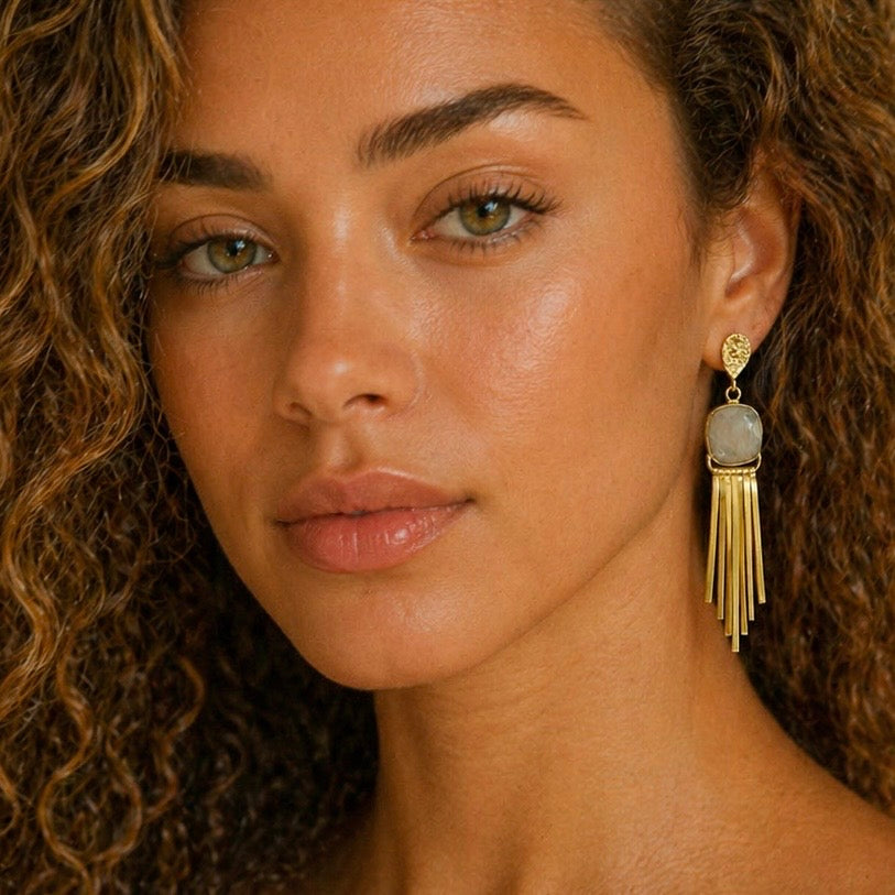 Cosmic Flame Earrings – Gold Statement with Natural Gemstones | Labradorite, Moonstone, Obsidian, Garnet