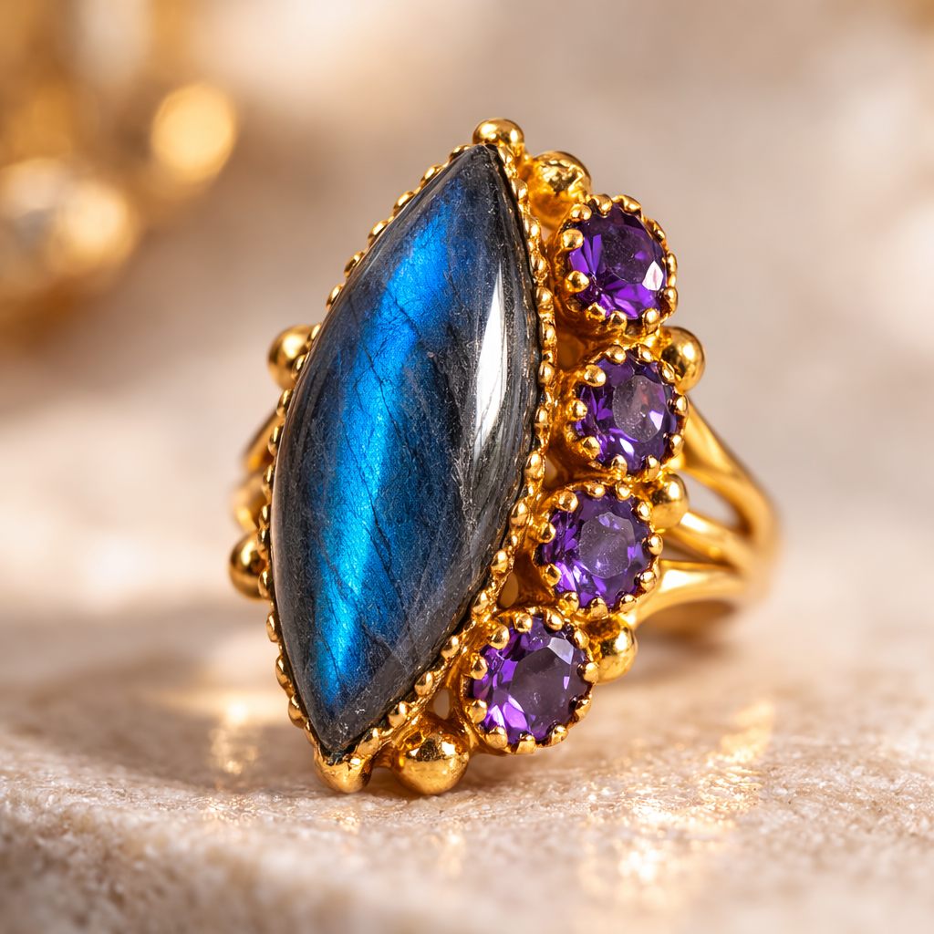 Exquisite Labradorite & Amethyst Ring  18k Gold Plated 925 Sterling Silver  Premium Gemstone Jewellry