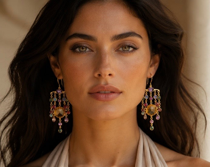 Zarif Natural Gemstone Chandelier Earrings