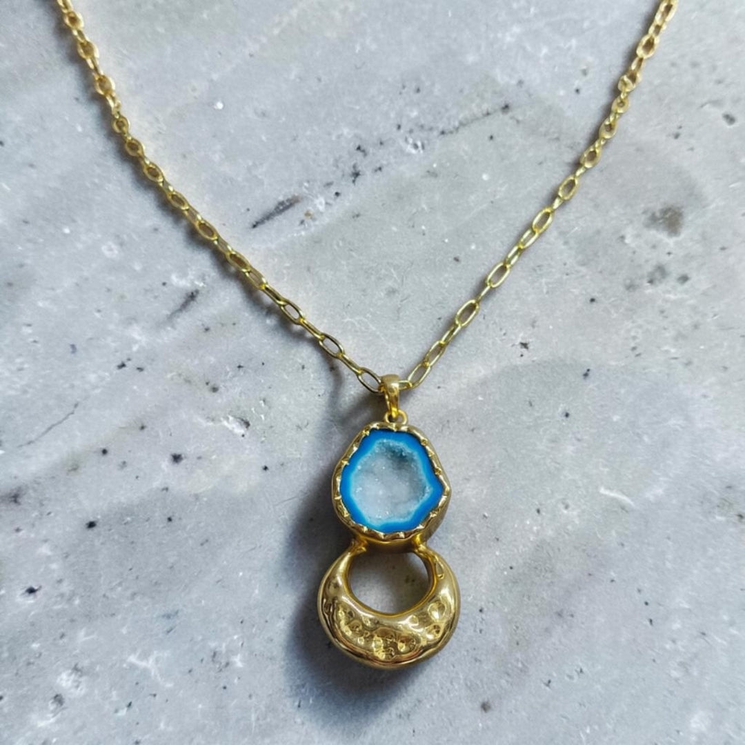 Moon Keeper Druzy Pendant Necklace  Blue Agate Druzy  18k Gold Plated