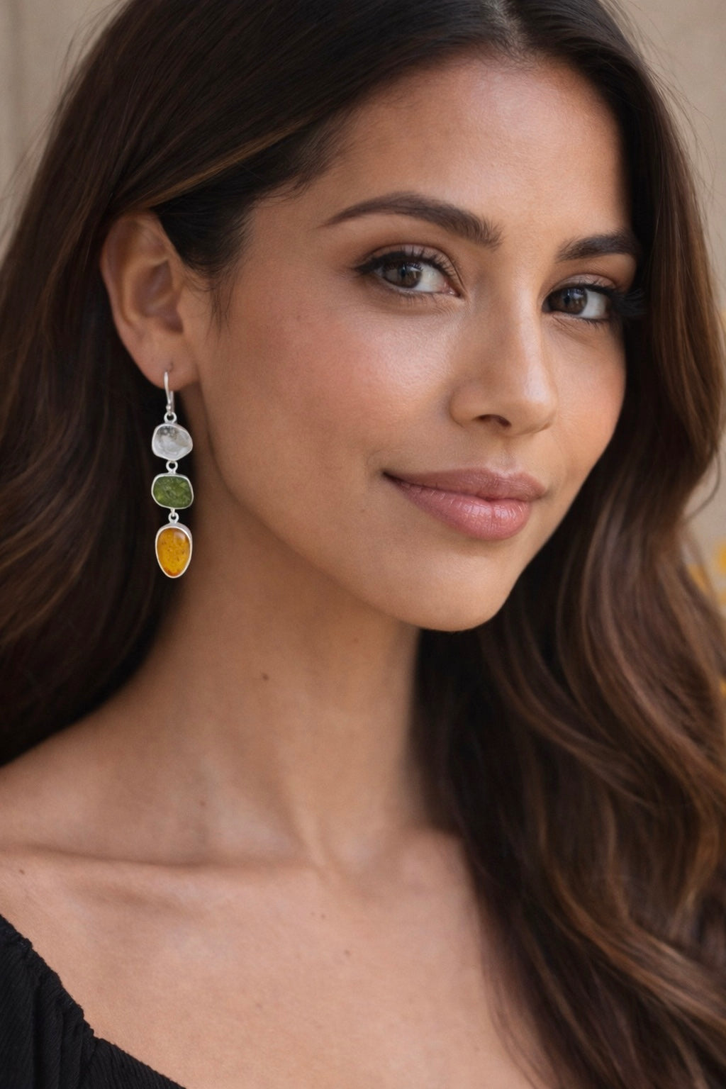 Three-Tier Crystal Earrings | Quartz, Peridot & Amber | Sterling Silver