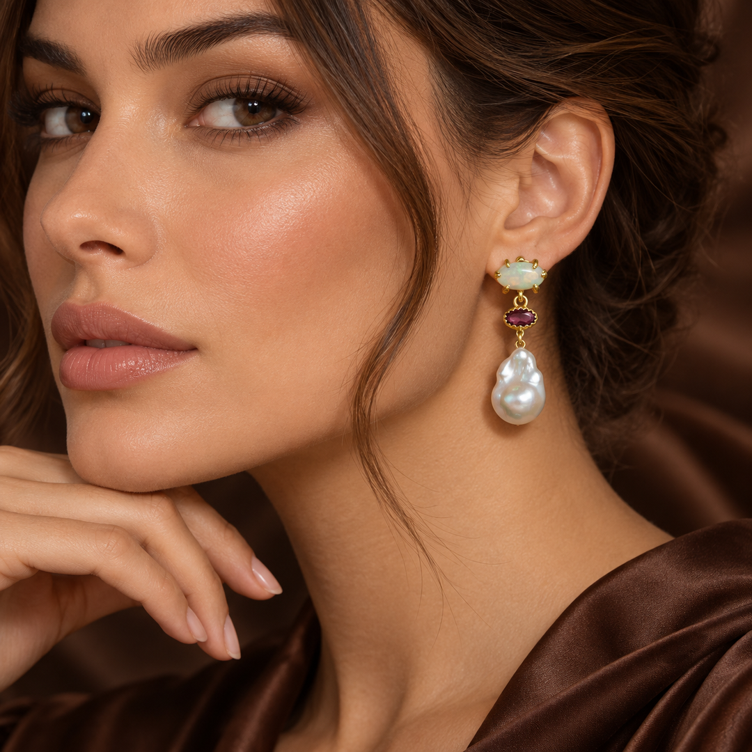 Fire Opal, Ruby & Baroque Pearl Drop Earrings – 18K Gold Plated Sterling Silver Statement Earrings