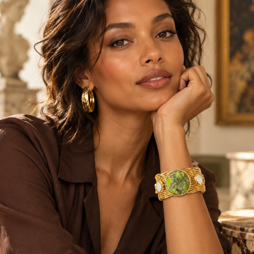 Gaia’s Embrace Peridot Mojave And Pearl Gold Bangle